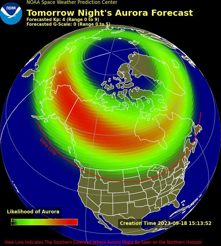 A graphic from the National Oceanic and Atmospheric Administration (NOAA) showing the swath of northern lights over the country last weekend.