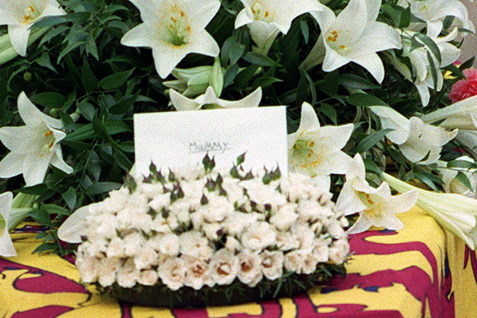 <p>A floral wreath with a heartbreaking card bearing the word "Mummy" was perched atop Princess Diana's draped casket as it left Westminster Abbey in London following her funeral on Sept. 6, 1997.</p>