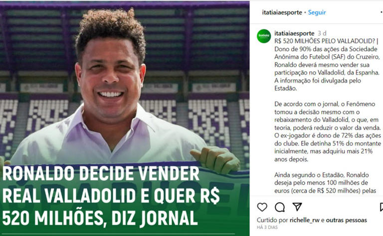 Ronaldo Fenômeno pega todos de surpresa e decide vender seu clube por R$ 520 milhões