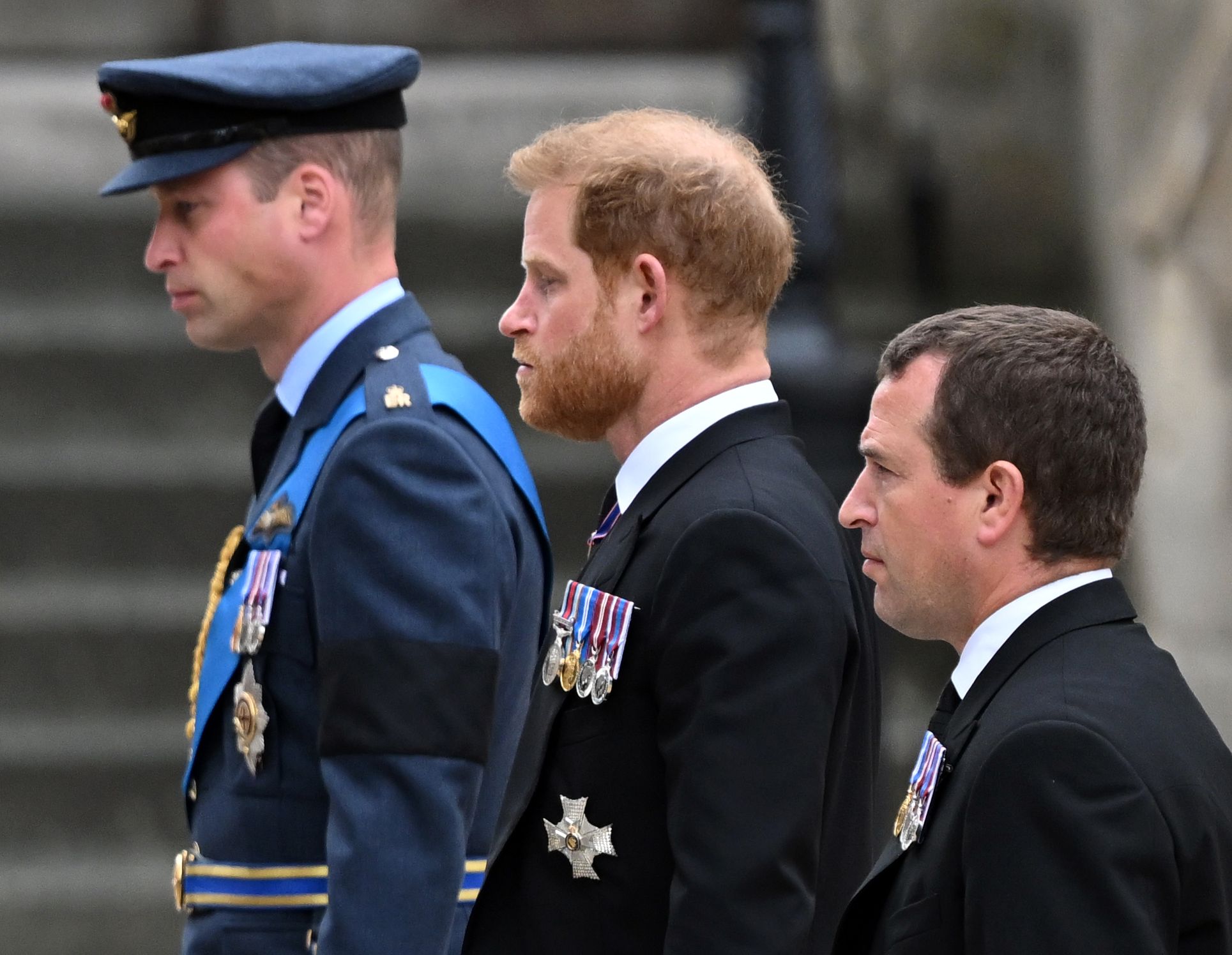 <p>Queen Elizabeth II's eldest grandsons -- Prince William, Prince Harry and Peter Phillips -- stood behind her coffin at Westminster Abbey in London during <a href="https://www.wonderwall.com/celebrity/royals/best-photos-from-queen-elizabeth-ii-funeral-king-charles-princes-william-prince-harry-george-charlotte-kate-meghan652347.gallery">her state funeral</a> on Sept. 19, 2022.</p>