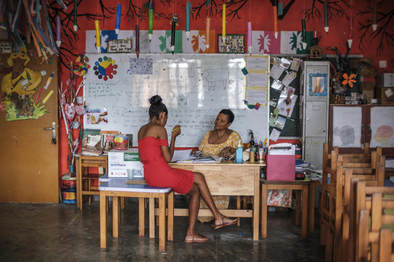 Teachers work in a classroom at the Au Cap Primary School.