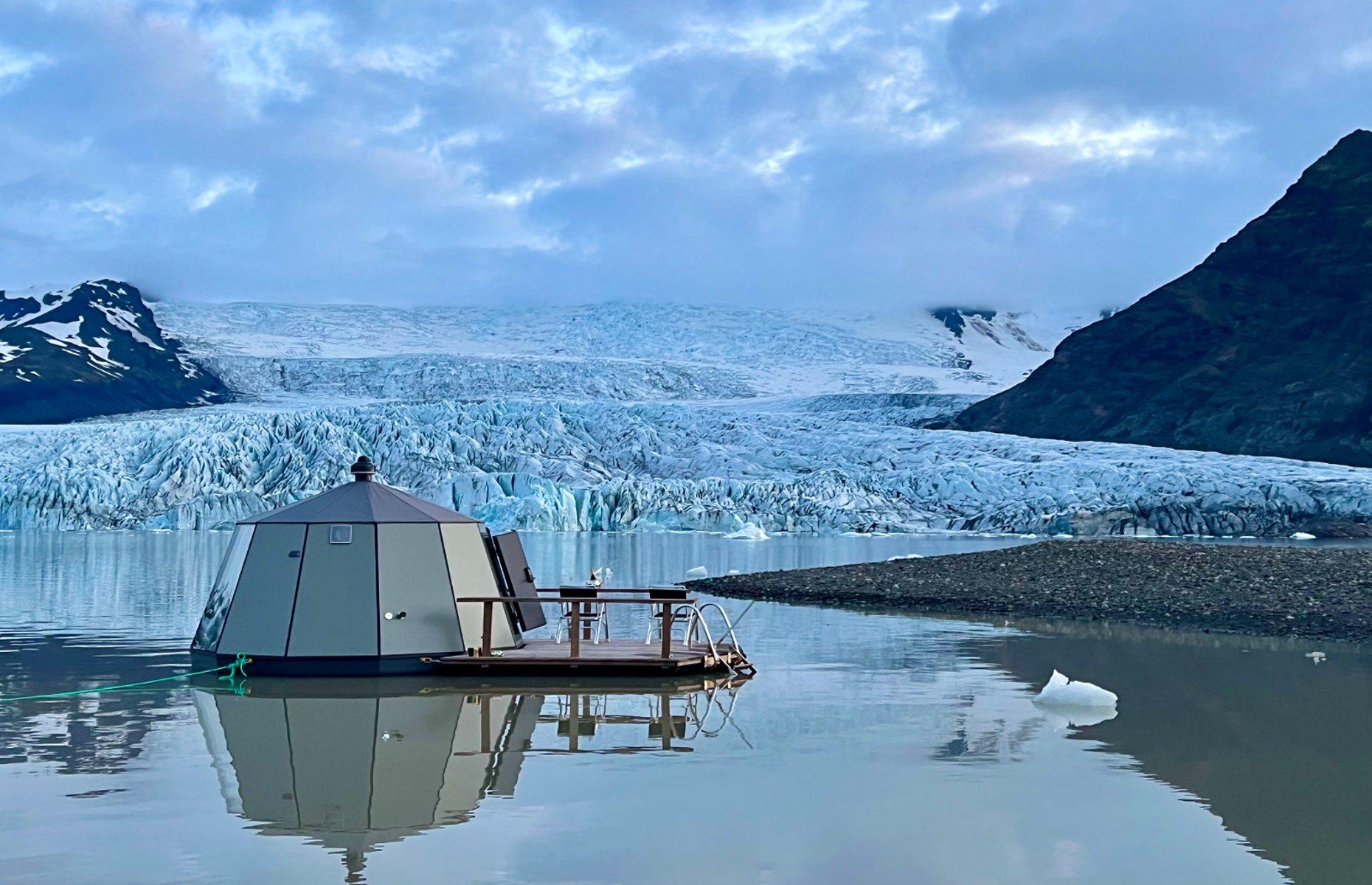 As part of an exclusive new trip offered by Off The Map Travel, adventurous guests will be able to stay the night in one of these incredible glass-walled Aurora Huts on a hidden part of the Fjallsarlon glacial lagoon in southern Iceland. The two hotel rooms float atop the water's surface in summer, but in wintertime they freeze into the lake and can only be accessed via an all-terrain vehicle.