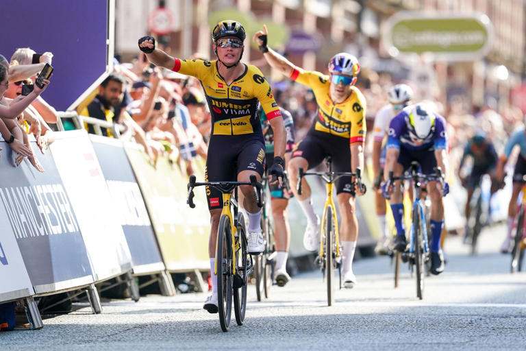 Team Jumbo-Visma's Olav Kooij crosses the line to win stage 1 of the 2023 Tour of Britain (Photo: PA)