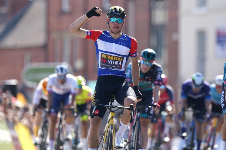 Olav Kooij of team Jumbo-Visma celebrates after winning stage 2 of the 2023 Tour of Britain on Monday (Photo: PA)