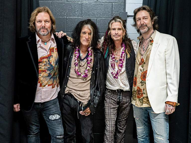 The Black Crowes open for Aerosmith during the Peace Out tour. Rich Robinson and Chris Robinson are pictured with Aerosmith's Steven Tyler and Joe Perry at the Philadelphia kickoff Sept. 2, 2023.
