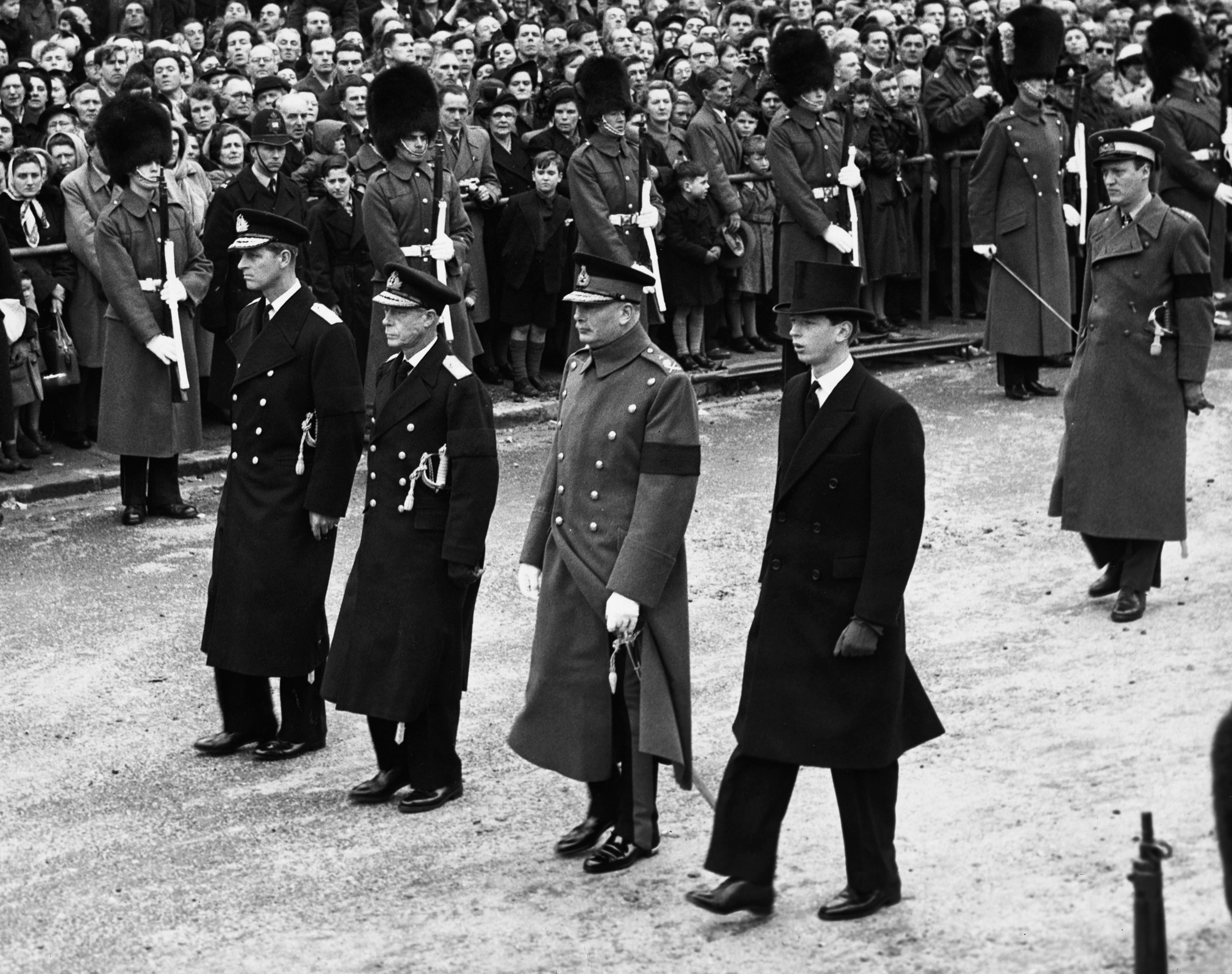 <p>Royal dukes followed the coffin of Queen Mary -- the widow of King George V and mother of King George VI, who'd died the previous year -- during her funeral procession through London from Marlborough House to Westminster Hall on March 31, 1953. </p><p>Shown are Prince Philip, Duke of Edinburgh (Queen Elizabeth II's husband); Edward, Duke of Windsor, and Henry, Duke of Gloucester (her sons); and Edward, Duke of Kent (her grandson). She passed away in her sleep at 85 that March 24.</p>