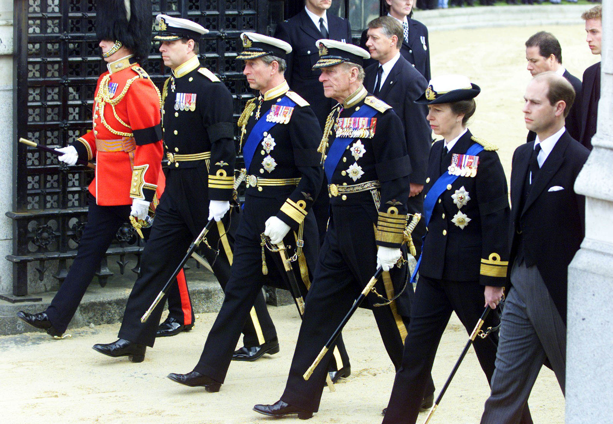 <p>Four of Queen Elizabeth the Queen Mother's grandchildren -- Prince Andrew, Prince Charles (now King Charles III), Princess Anne and Prince Edward -- joined her son-in-law, Prince Philip, as they walked in her funeral cortege toward Westminster Abbey in central London on April 9, 2002. </p><p>She died that March 30 at 101 at her home, Royal Lodge in Great Windsor Park, where grandson Andrew, the Duke of York, now lives.</p>