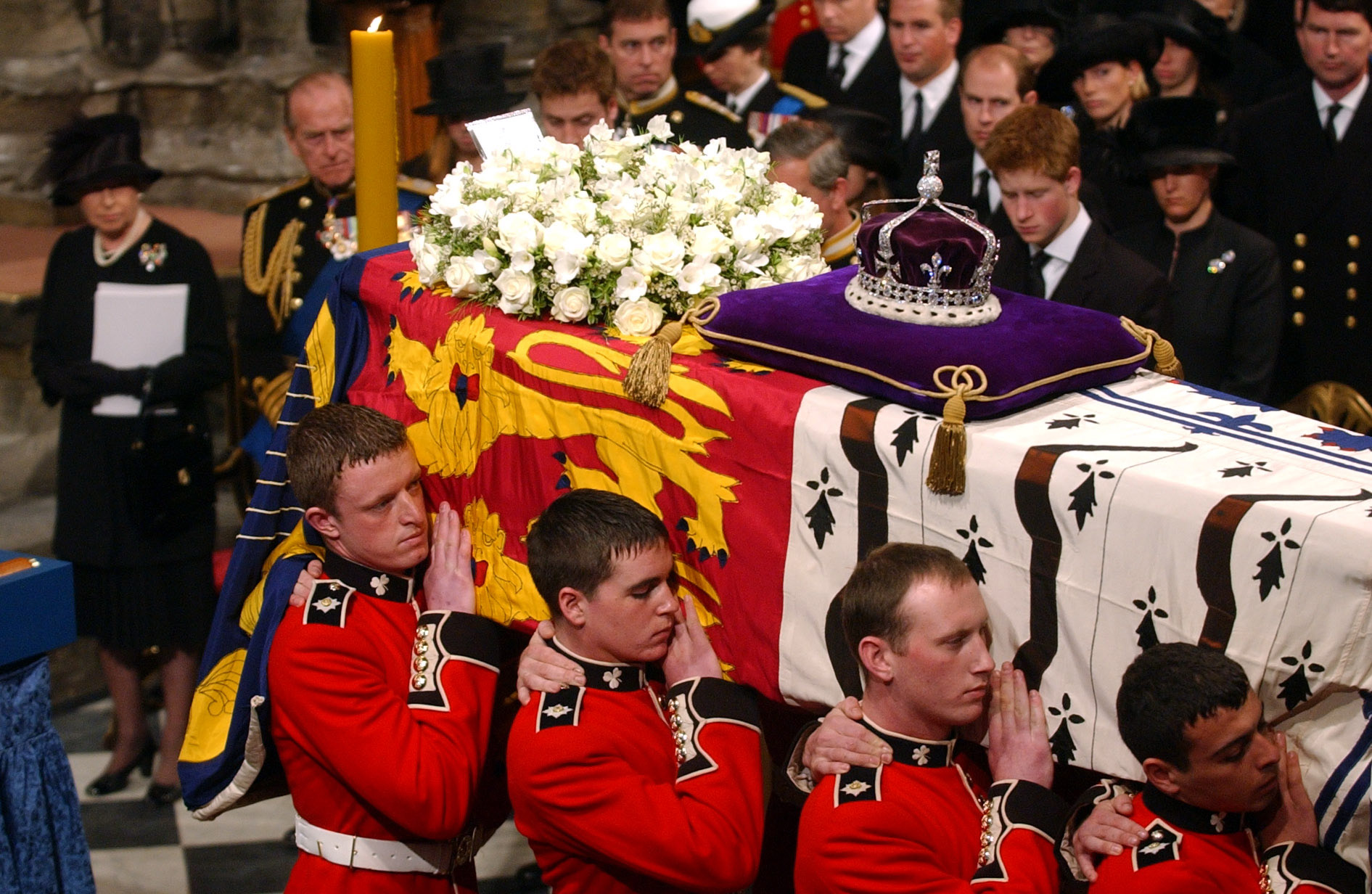 <p>Queen Elizabeth II, Prince Philip and other members of the royal family watched as the coffin of Queen Elizabeth the Queen Mother was prepared to be carried from Westminster Abbey at the conclusion of her funeral service on April 9, 2002. </p><p>Atop the casket was a handwritten note from her daughter, the monarch, that read "In loving memory" and was signed "Lilibet" -- the late queen consort's nickname for her first-born child, who was by her bedside when she passed at 101.</p>