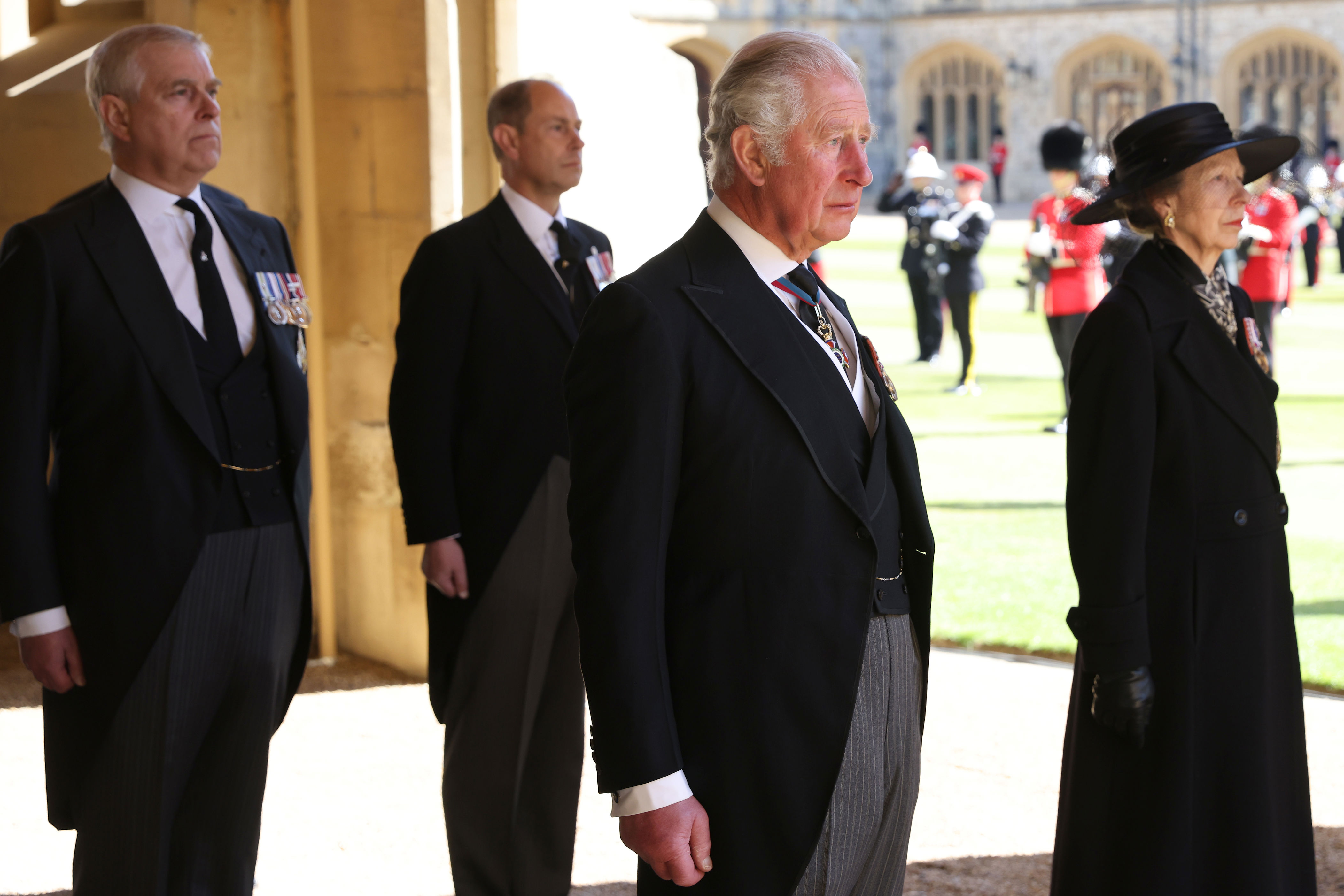 <p>Prince Philip's four children -- Prince Andrew, Duke of York; Prince Edward, Earl of Wessex; Prince Charles, Prince of Wales (now King Charles III); and Princess Anne, the Princess Royal -- are seen right before they began to walk in their father's funeral procession at Windsor Castle on April 17, 2021.</p>