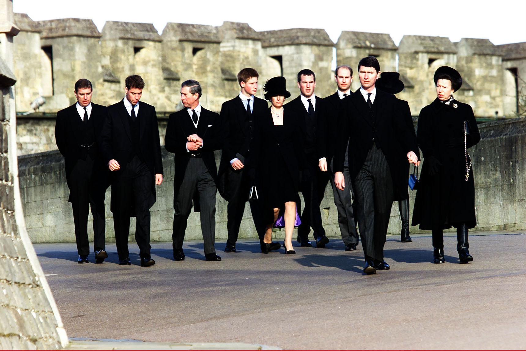 <p>Members of Britain's royal family -- Prince Andrew, Prince William, Prince Charles (now King Charles III), Prince Harry, Sophie, Countess of Wessex (now Duchess of Edinburgh), Peter Phillips, Prince Edward, Vice Admiral Sir Timothy Laurence and Princess Anne -- arrived for the funeral of Princess Margaret at St. George's Chapel at Windsor Castle in Windsor, England, on Feb. 15, 2002.</p>