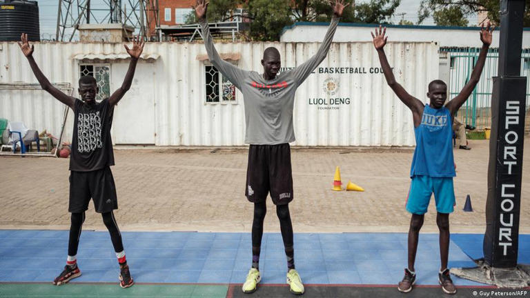 Young athletes take part in a tough training session with the advanced team at the Luol Deng Basketball Academy in Juba