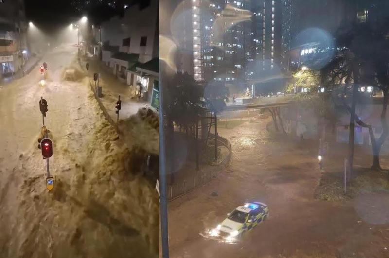 香港遭遇百年來世紀暴雨，街道遭洪水侵襲，紛紛傳出淹水災情。（翻攝微博、X@XlnYqVhV8sXTbiK）