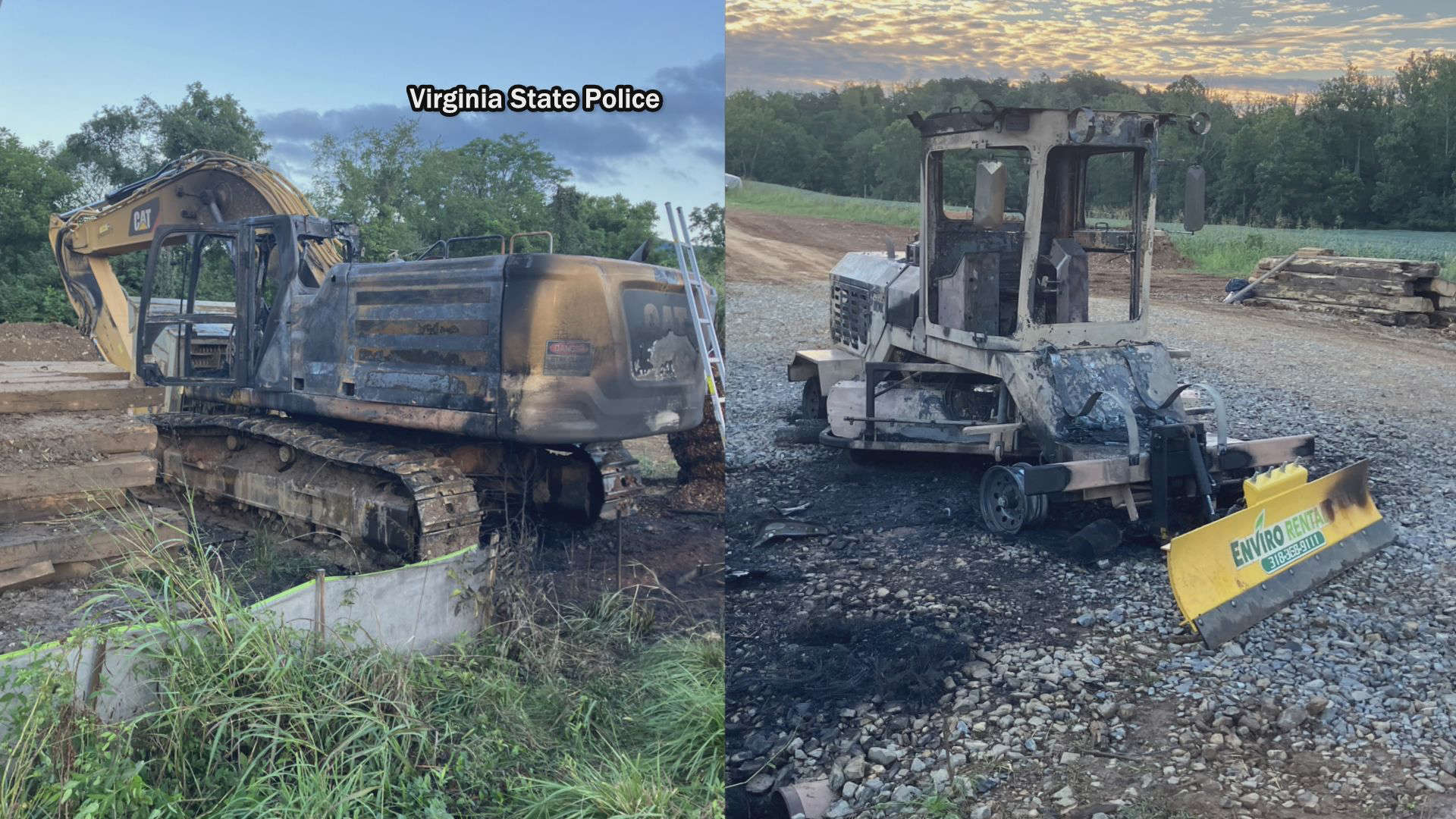  On the left, an image of a burned out excavator from behind in a worksite. The text 