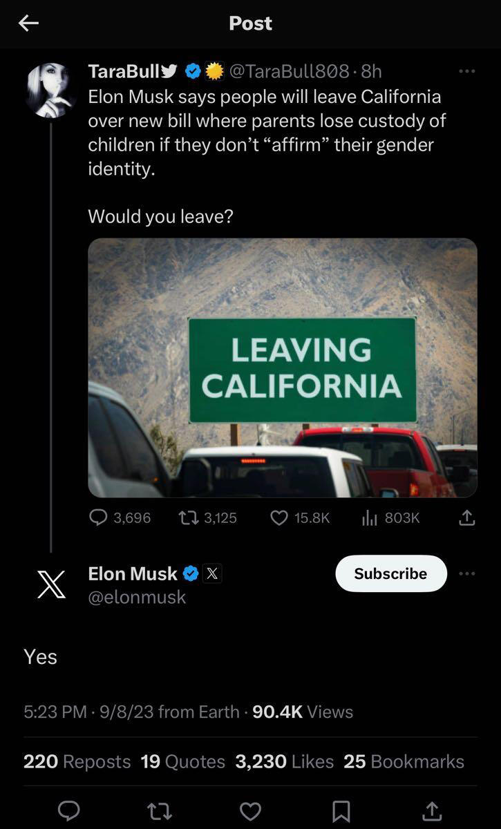 Elon Musk will leave California if Governor newsom sign the gender