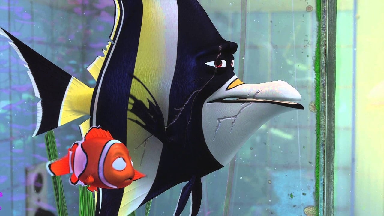<p class="p1">Given his distinctive face and full-bodied performances, it’s easy to overlook the power of Dafoe’s voice. But director Andrew Stanton, who co-wrote the movie with Robert Peterson and David Reynolds, takes advantage of the actor’s gravelly timbre for the Pixar film <i>Finding Nemo</i>. Sure, designers give the angel fish Gil a deep scar that recalls the actor’s own features. But Dafoe brings notes of vulnerability and hope to the wisened sea creature, allowing him to encourage young Nemo (Alexander Gould) to escape the fish tank that holds him and reunite with his father, Marlin (Albert Brooks).</p>