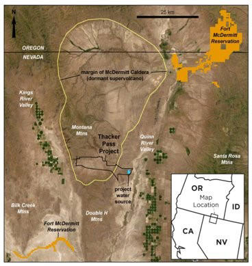 The McDermitt Caldera and the location of the Thacker Pass mine. ( Lithium Americas )