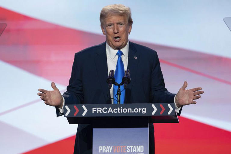 Former President Donald Trump speaks at the Pray Vote Stand Summit, Friday, Sept. 15, 2023. Jose Luis Magana/Copyright 2023 The AP. All rights reserved.