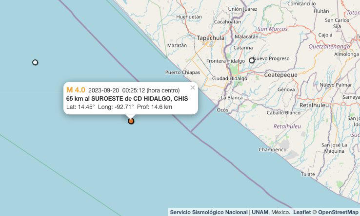 Mapa sismo hoy 20 de septiembre de 2023 en Ciudad Hidalgo, Chiapas