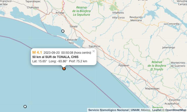 Mapa sismo hoy 20 de septiembre de 2023 en Tonalá, Chiapas
