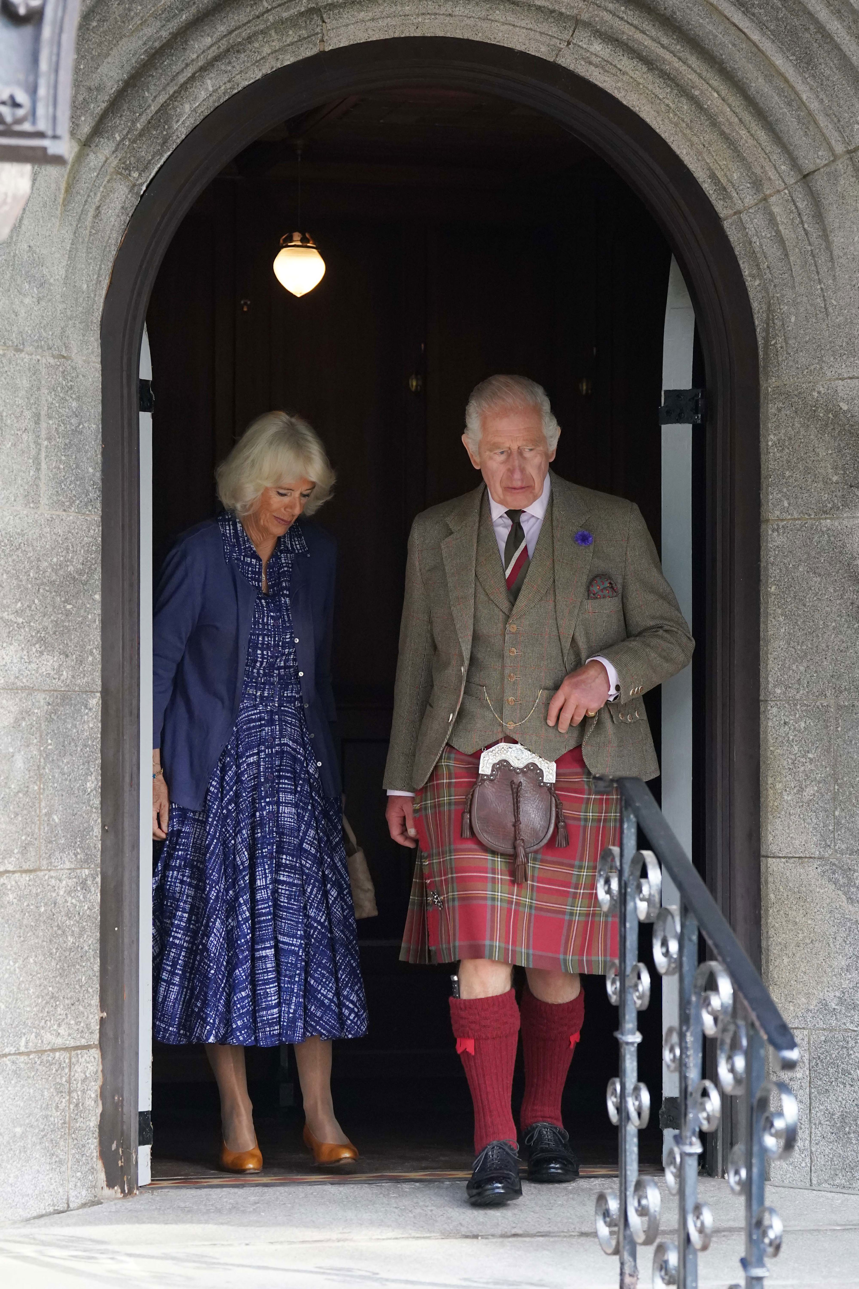 <p>King Charles III and Queen Camilla departed Crathie Parish Church in Aberdeenshire, Scotland, on Sept. 8, 2023, following a service to mark the first anniversary of the death of Queen Elizabeth II.</p>