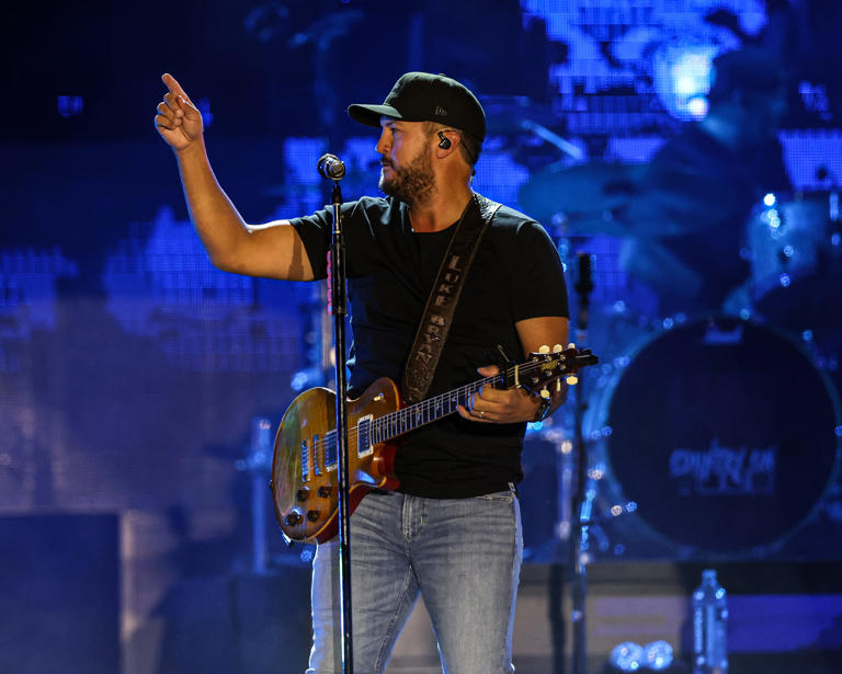 Luke Bryan performs for a large, enthusiastic crowd at his most recent Farm Tour in Colfax, Iowa, at the Schnell Family Farms on Thursday, Sept. 21, 2023.