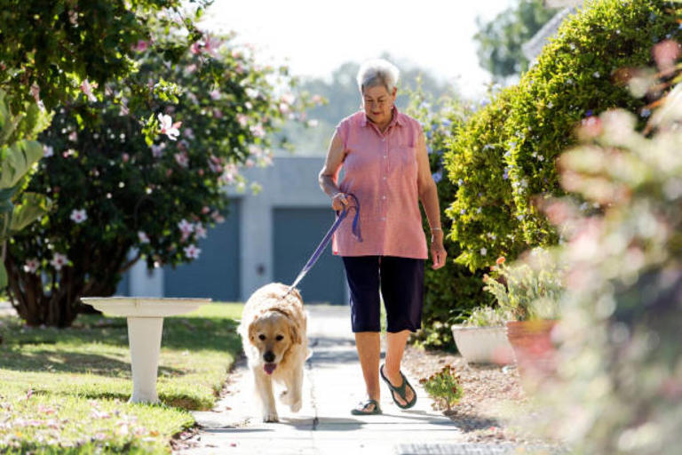 Photo of a smiling senior woman walking her dog outdoors along a foot path