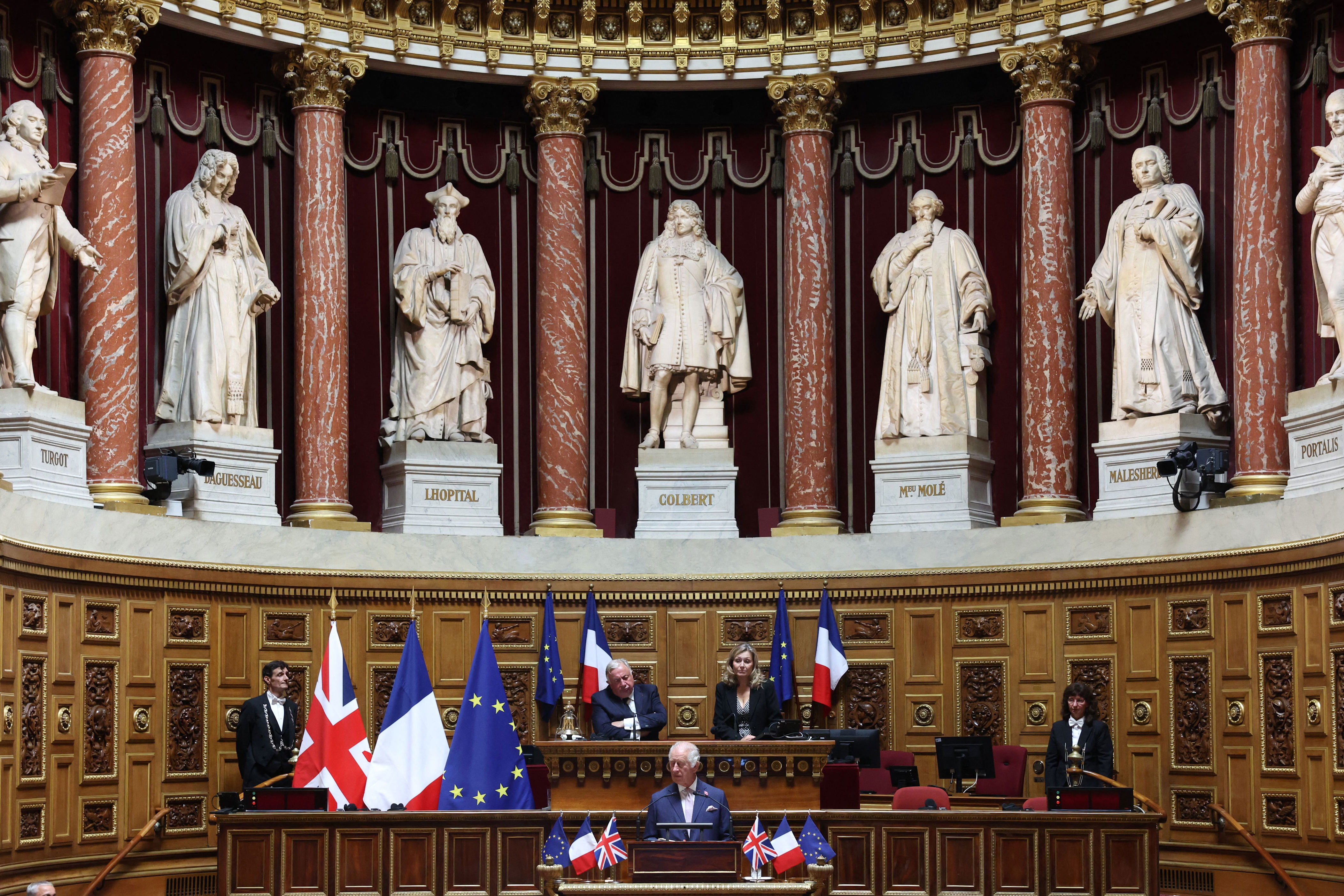 <p>King Charles III addressed senators and members of the National Assembly at the French Senate in Paris -- the first time a member of the British royal family has spoken from the Senate Chamber -- on Sept. 21, 2023, during <a href="https://www.wonderwall.com/entertainment/king-charles-iii-and-queen-camilla-in-france-see-the-best-photos-from-the-royals-official-state-visit-791038.gallery">his three-day state visit to France</a>.</p>