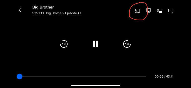 The Chromecast icon is circled in this screenshot of the Paramount Plus app. Screenshot by Mike Sorrentino/CNET
