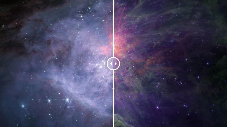 On the left, the image from Webb’s NIRCam short-wavelength channel shows the nebula, its stars, and many other objects in the near infrared. On the right, the image from Webb's NIRCam long-wavelength channel reveals the gas, dust and molecules in infrared, but at lower spatial resolution than in the short-wavelength image.