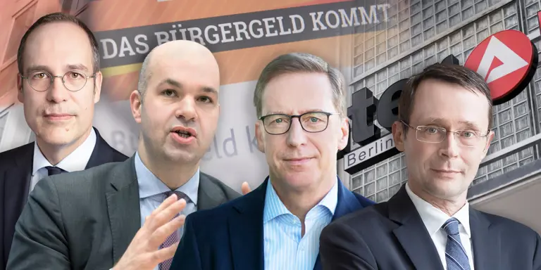 Was Deutschlands Top-Ökonomen Jörg Krämer, Marcel Fratzscher, Michael Hüther und Ulrich Kater (v.l.n.r.) zur Bürgergeld-Debatte sagen. Commerzbank AG/DIW Berlin, Florian Schuh/IW/DekaBank/FOL