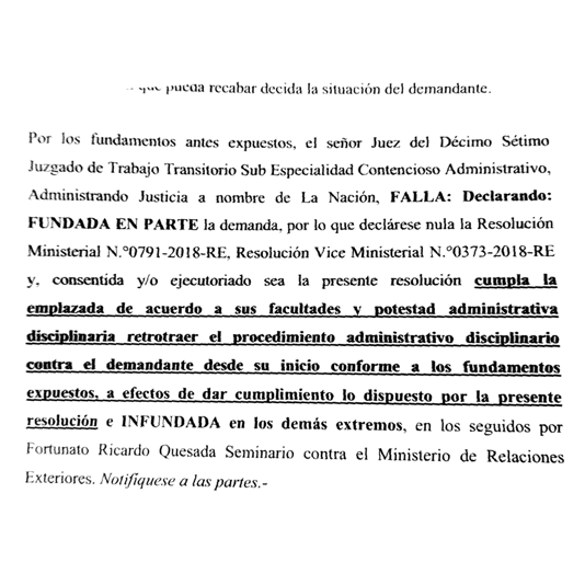 Poder Judicial declaró nula expulsión de embajador Fortunato Quesada