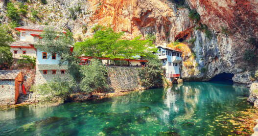 Blagaj Tekke, a Dervish monastery by the banks of the Buna River, is a few miles south of Mostar.