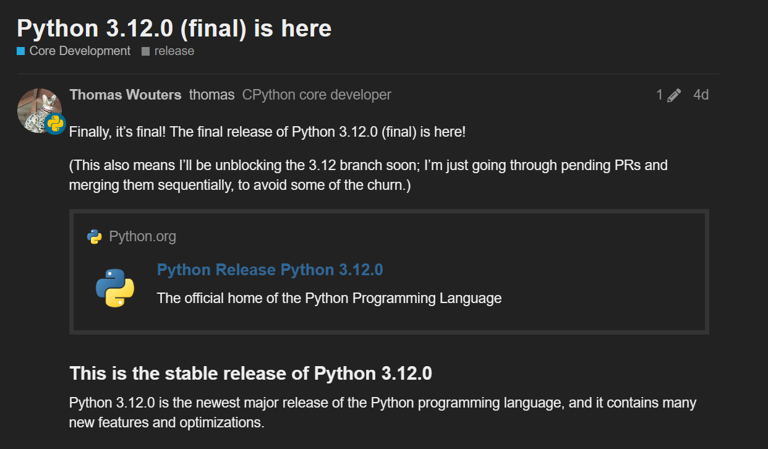 Python 3.12 版本正式推出：f-string解析改进，整体性能提升 5%
