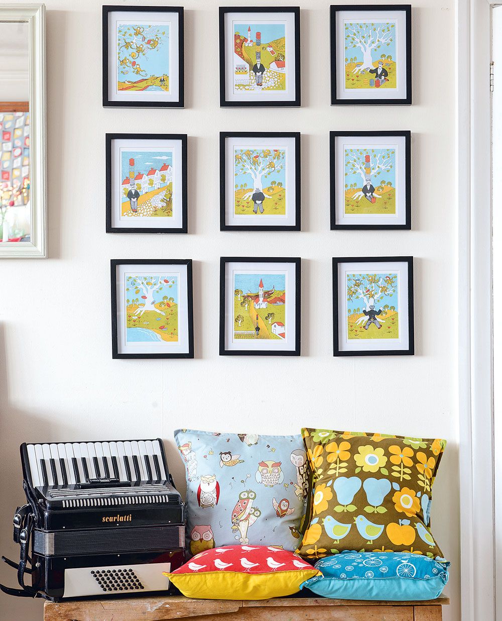 <p>                     Take some inspo from your favourite edgy gallery and turn your landing into a post-modern masterpiece. We love the combination of the uniformed prints with colourful cushions on small bench beneath. It may not be a place you'll want to sit down with a cup of tea, but it definitely makes a statement!                   </p>