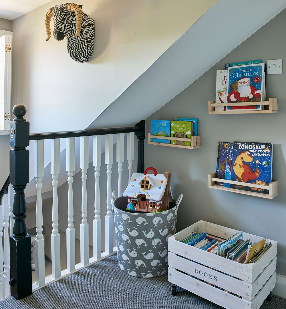 <p>                     Use the landing space off a child's bedroom to better effect as shown in this toy storage. This frees up much-needed space in what is often a small box room. Opt for moveable storage solutions, from baskets to wooden crates on wheels, to transport the toys into the child's room when needed.                   </p>                                      <p>                     Storing the toys in this space not only helps free up storage space within the room for clothes storage and more, it helps to keep toys out of sight – handy at nap time, when less distraction is welcome.                   </p>                                      <p>                     This landing area is purely for storage. We wouldn't recommend encouraging play beside a staircase unless there's a secure stair gate in place.                   </p>
