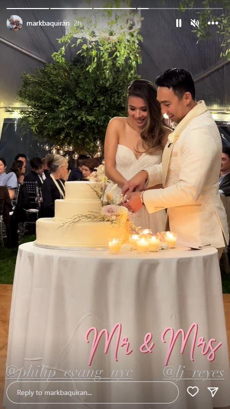 LJ and Philip cut their wedding cake at the reception in Eatons Neck, NYC. PHOTO BY INSTAGRAM /MARKBAQUIRAN