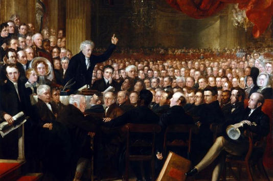 Louis Celeste Lecesne depicted in a painting of at The Anti-Slavery Society Convention 1840, sitting above the lady in the bonnet on the left