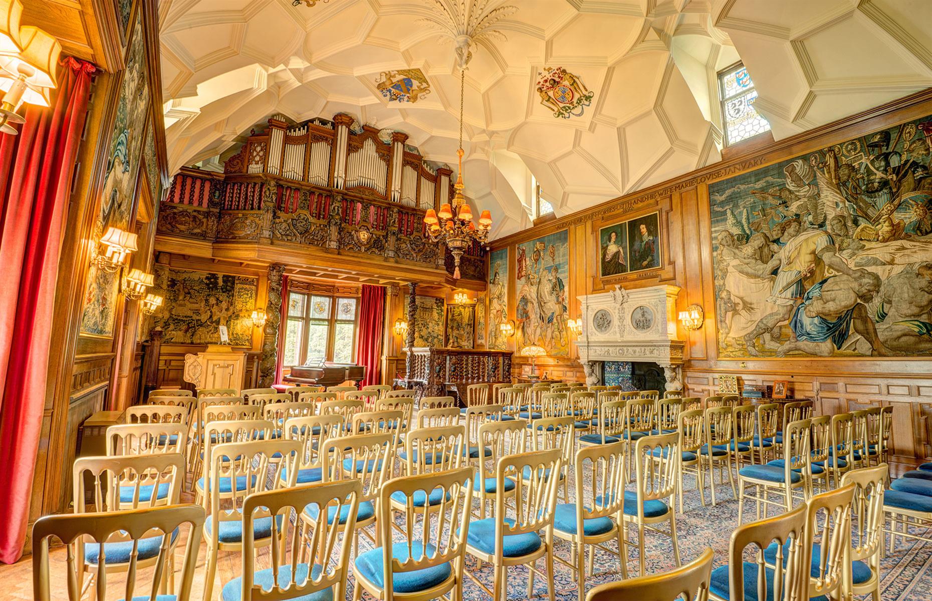 <p>Though Fyvie's interiors are extravagant and speak of great wealth (like this concert hall suggests), it's fair to say that not all former inhabitants enjoyed their time here. The Green Lady is Fyvie's <a href="https://hiddenscotland.co/listings/fyvie-castle-halloween/">resident ghost</a>, said to be the spirit of Lilias Drummond, wife of Alexander Seton, who was locked away in one of the rooms for failing to produce a male heir. She eventually starved to death. Yikes.</p>  <p><a href="http://bit.ly/3roL4wv"><strong>Love this? Follow our Facebook page for more travel inspiration</strong></a></p>