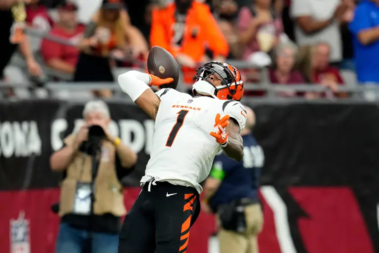 Cincinnati Bengals wide receiver Ja'Marr Chase (1) celebrates his touchdown against the Arizona Cardinals during the second half of an NFL football game, Sunday, Oct. 8, 2023, in Glendale, Ariz.
