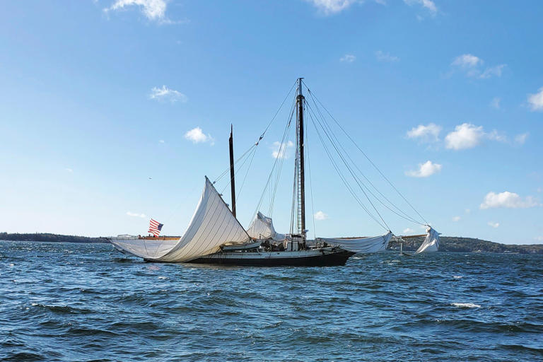 This photo provided by Kurt Schleicher shows the schooner Grace Bailey with its main mast broken off the coast of Rockland, Maine, on Monday, Oct. 9, 2023. (Kurt Schleicher via AP)