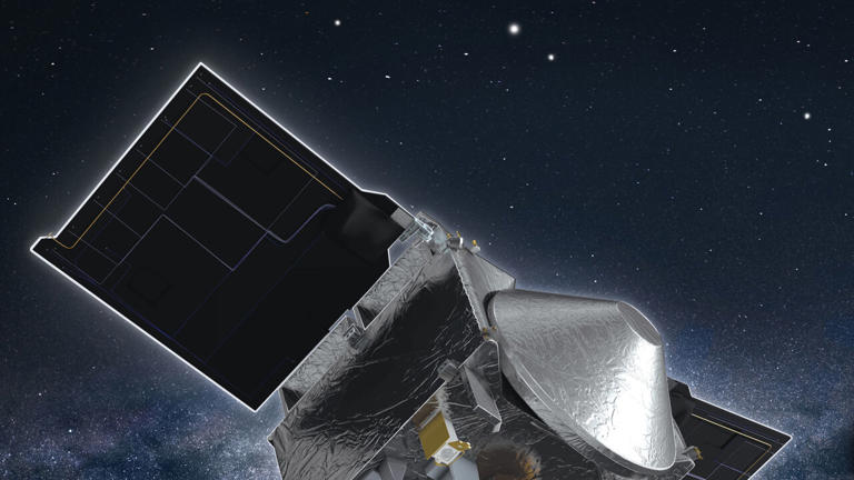 Artistieke impressie van OSIRIS-REx die op asteroïde Bennu landt