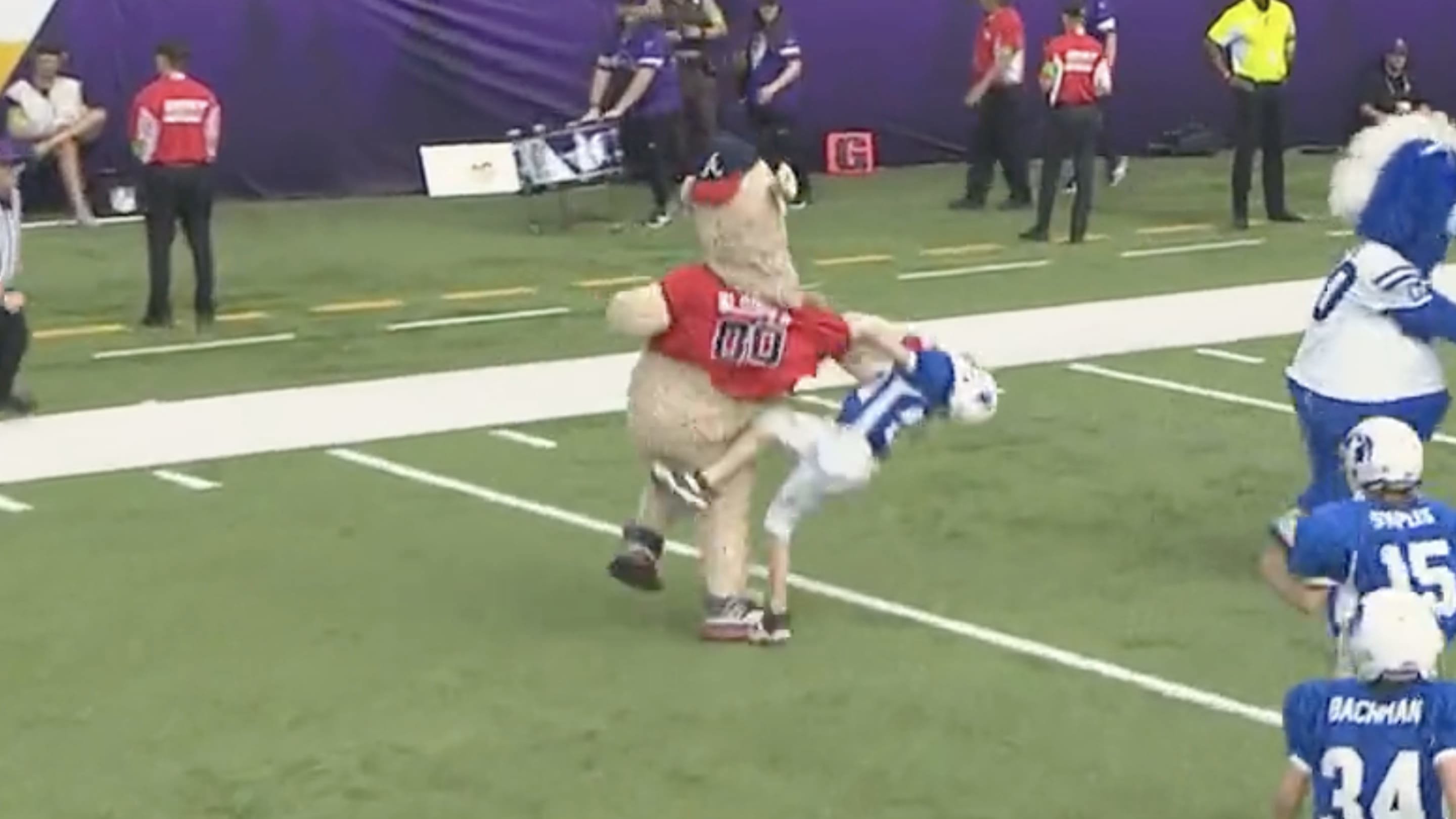 Braves Blooper Demolishes A Couple PeeWee Football Players On The Field