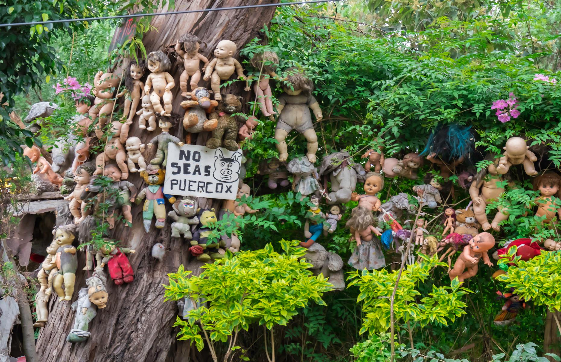 <p>Prepare to be creeped out at this eerie island on Teshuilo Lake in the Xochimilco canals, just south of Mexico City. La Isla de las Munecas — or the Island of Dolls – is a niche record breaker, for sure, but a fascinating one. With around 4,000 sinister and mutilated dolls hanging from trees and covering its buildings, it is home to the biggest collection of haunted dolls in the world. The spooky site is said to have taken shape in the 1950s when a man witnessed a young girl drown. The next day a doll washed up in the same spot, after which he strung up dolls to ward off evil spirits.</p>