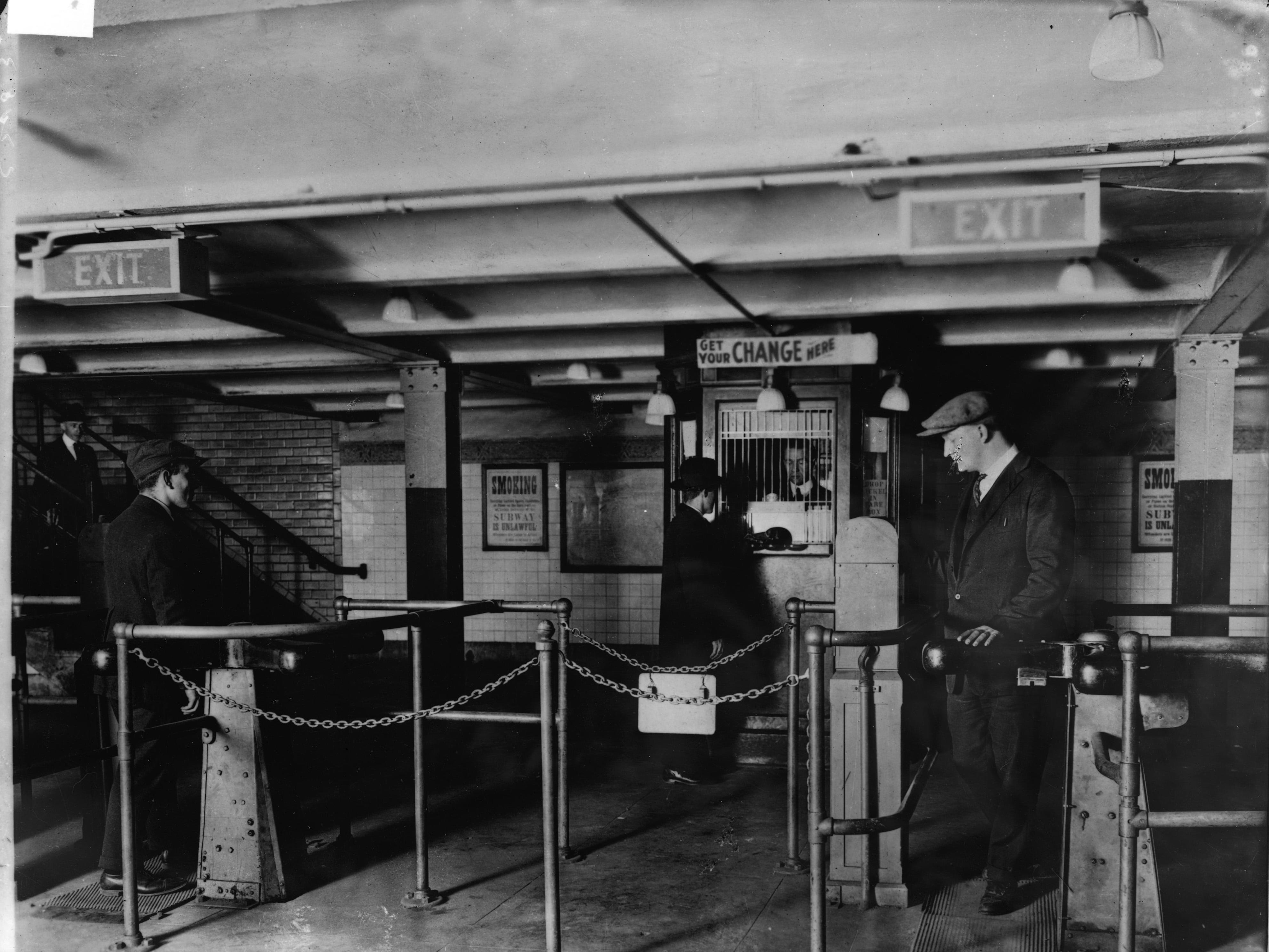 <p>Before the nickel-operated turnstiles, a ticket-chopper manually cut tickets at the gate. Today, a subway ride costs $2.90.</p>