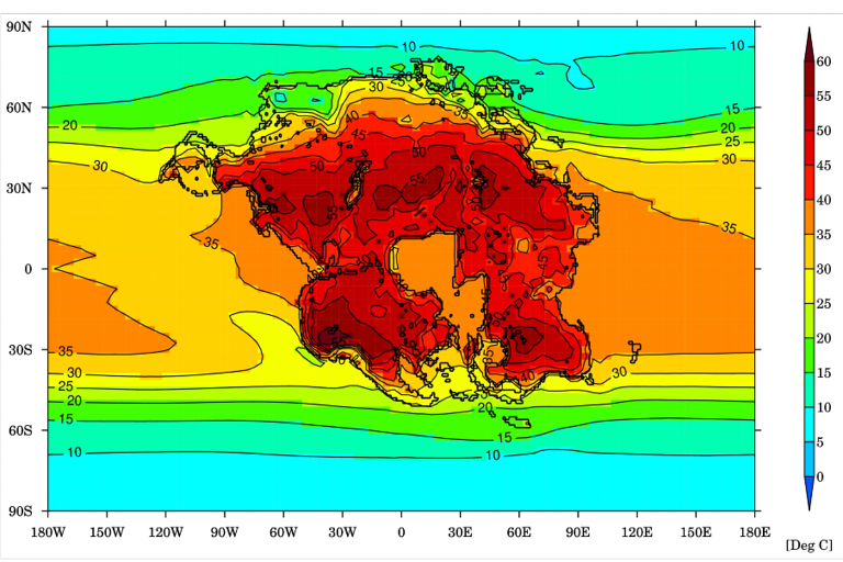 La imagen muestra la temperatura promedio del mes más cálido (grados Celsius) para la Tierra y el supercontinente proyectado (Pangea Ultima) en 250 millones de años, cuando sería difícil para casi cualquier mamífero sobrevivir.