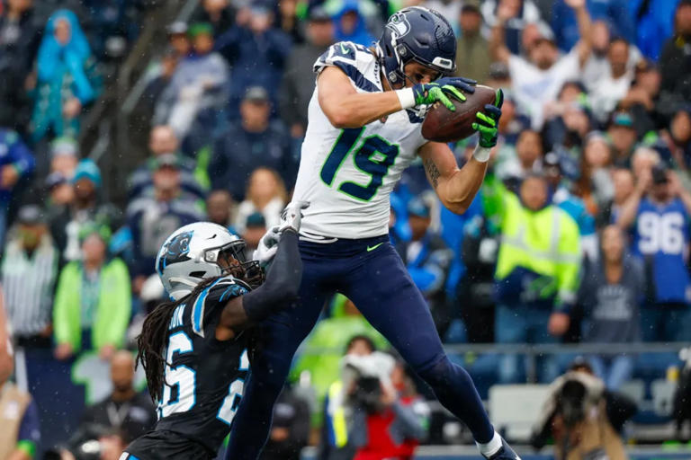 Seattle Seahawks rookie receiver Jake Bobo catches a touchdown against the Carolina Panthers. Joe Nicholson-USA TODAY Sports