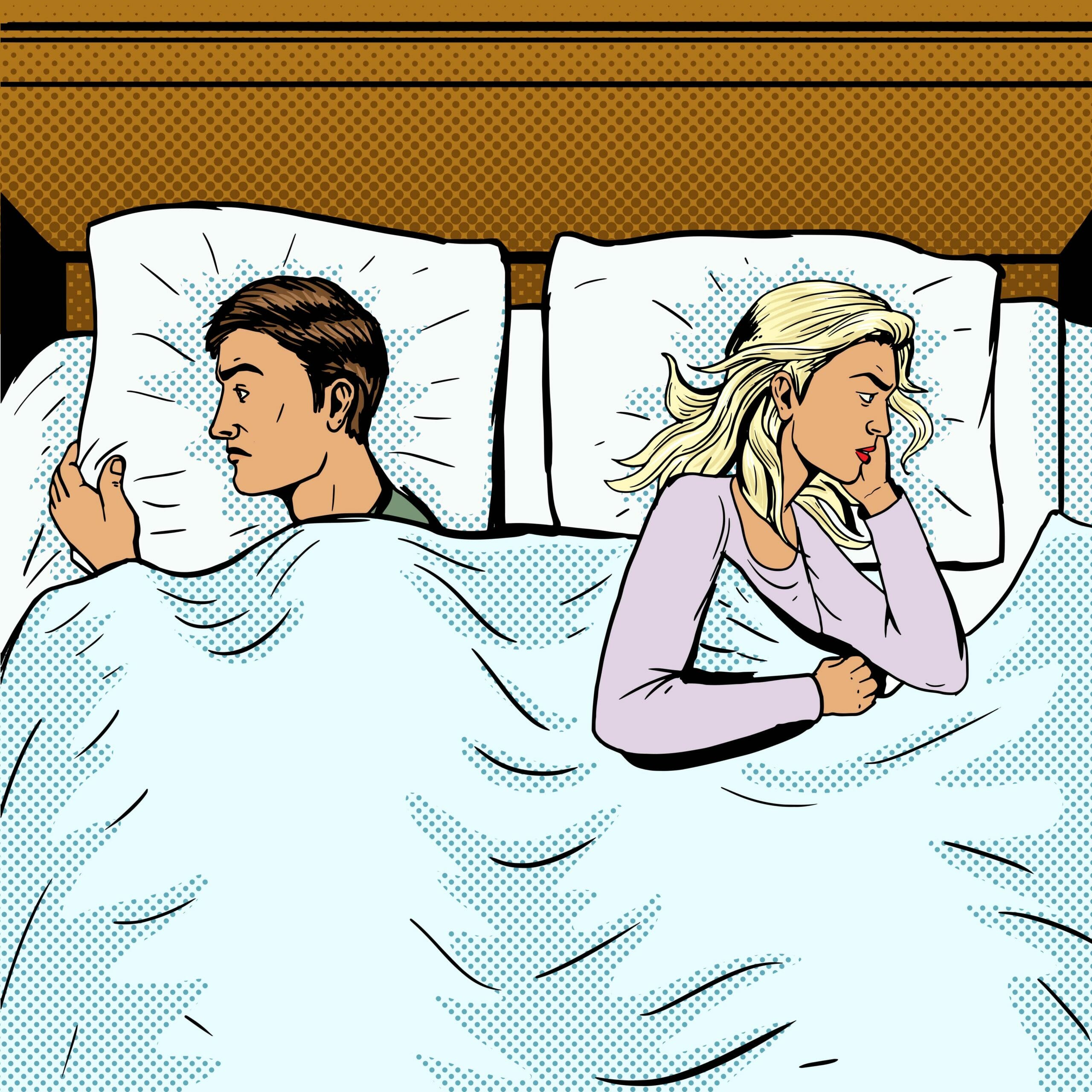 Жена укладывает мужу спать. Мужчина и женщина в постели карикатура. Муж и жена в постели карикатура. Мужчина и женщина рисунок. Холодная постель.