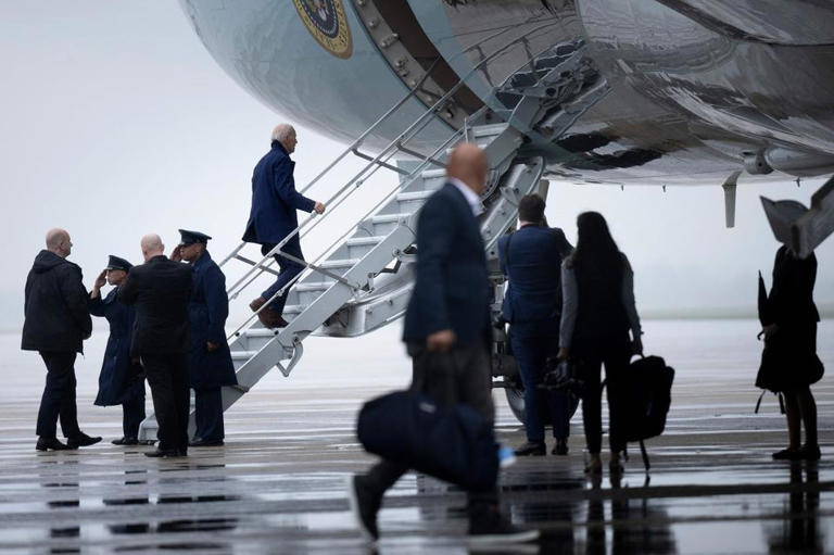 US President Joe Biden boards Air Force One at Joint Base Andrews in Maryland on September 26, 2023 to travel to Wayne County, Michigan, where he joined members of the United Auto Workers (UAW) union on the picket line. (Photo by Brendan Smialowski / AFP) (Photo by BRENDAN SMIALOWSKI/AFP via Getty Images) AFP via Getty Images
