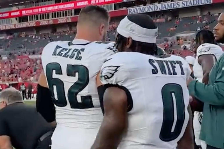 Eagles/Twitter Jason Kelce and D'Andre Swift of the Philadelphia Eagles