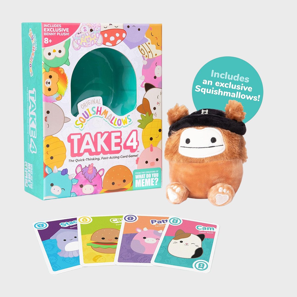 <p>This fast-paced <a href="https://www.amazon.com/Squishmallows-Take4-Fast-Paced-Family-Creators/dp/B0CBCXMQF3" rel="noopener noreferrer">Squishmallows card game</a> is the perfect way to add a little friendly competition to your next family game night or your tween's next sleepover. The objective? Be the first to collect four cards from the same Squad.</p> <p>And if you reach for the same card as someone else, you'll have to race to grab the exclusive (not to mention adorable) Benny The Bigfoot Squishmallow in the center. Whoever grabs Benny first gets to keep the card. If your family loves games, here are <a href="https://www.rd.com/list/classic-board-games/" rel="noopener noreferrer">30 classic board games everyone should own</a>.</p> <p class="listicle-page__cta-button-shop"><a class="shop-btn" href="https://www.amazon.com/Squishmallows-Take4-Fast-Paced-Family-Creators/dp/B0CBCXMQF3/">Shop Now</a></p>
